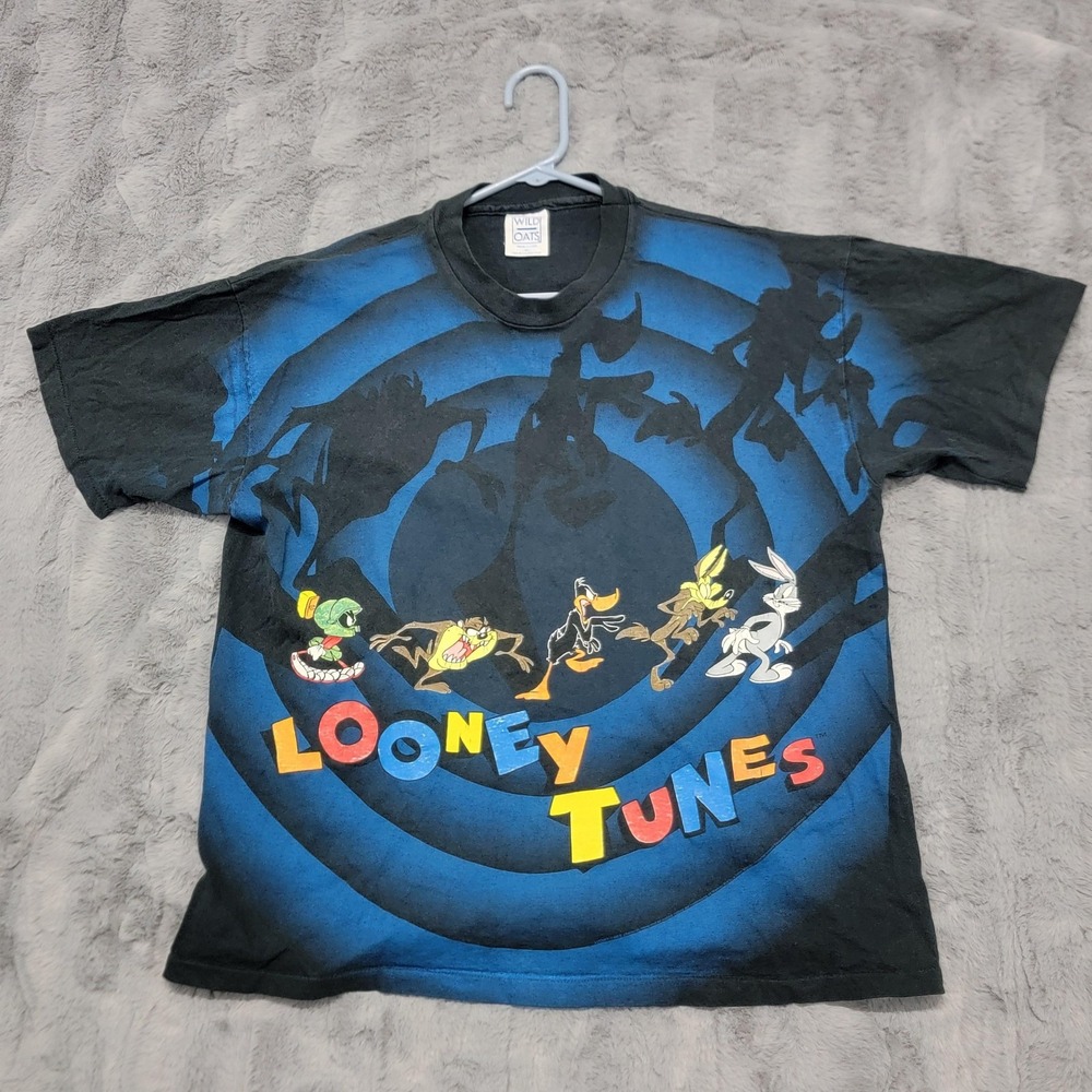 Vintage Looney Tunes Shirt Mens XL‎ Black Wild Oats Tunnel AOP Double Sided 90s